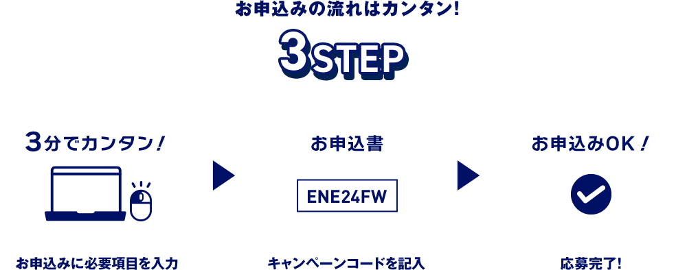お申込みに必要項目を入力 キャンペーンコードを入力 応募完了!