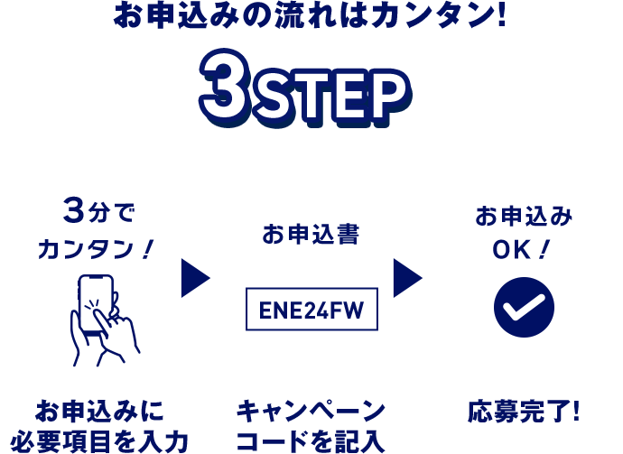 お申込みに必要項目を入力 キャンペーンコードを入力 応募完了!